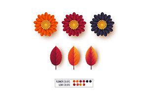 Set Of 3d Autumn Leaves With Flowers