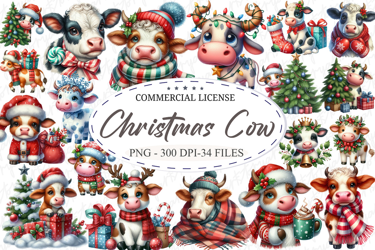 Whimsical Christmas Cow Clipart PNG, an Illustration by designcity5 (Photo 1 of 5)