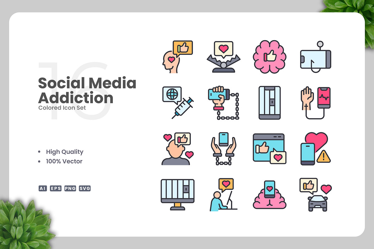 Social Media Addiction Colored Icons, an Icon by Upnowgraphic