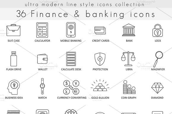 Finance Banking Line Icons Set.