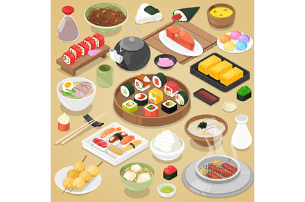Japanese food vector eat sushi sashimi roll or nigiri and seafood with rice in Japan restaurant illustration Japanization cuisine with chopsticks set isolated on background, a Food & Drink Photo by RocketArt