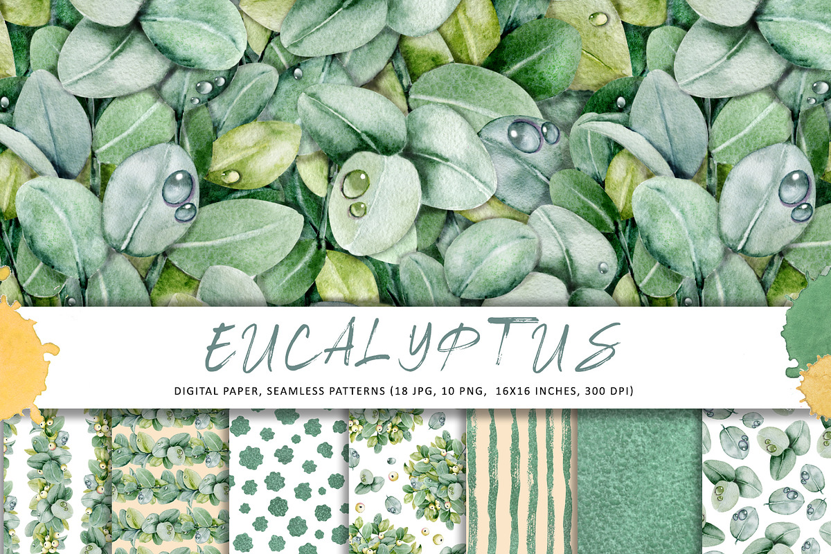 Eucalyptus watercolor digital paper, a Pattern Graphic by Artmanata (Photo 1 of 11)