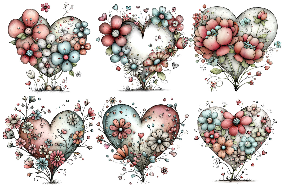 Whimsical Floral Hearts Clipart, an Illustration by Pixels.Craft (Photo 4 of 5)