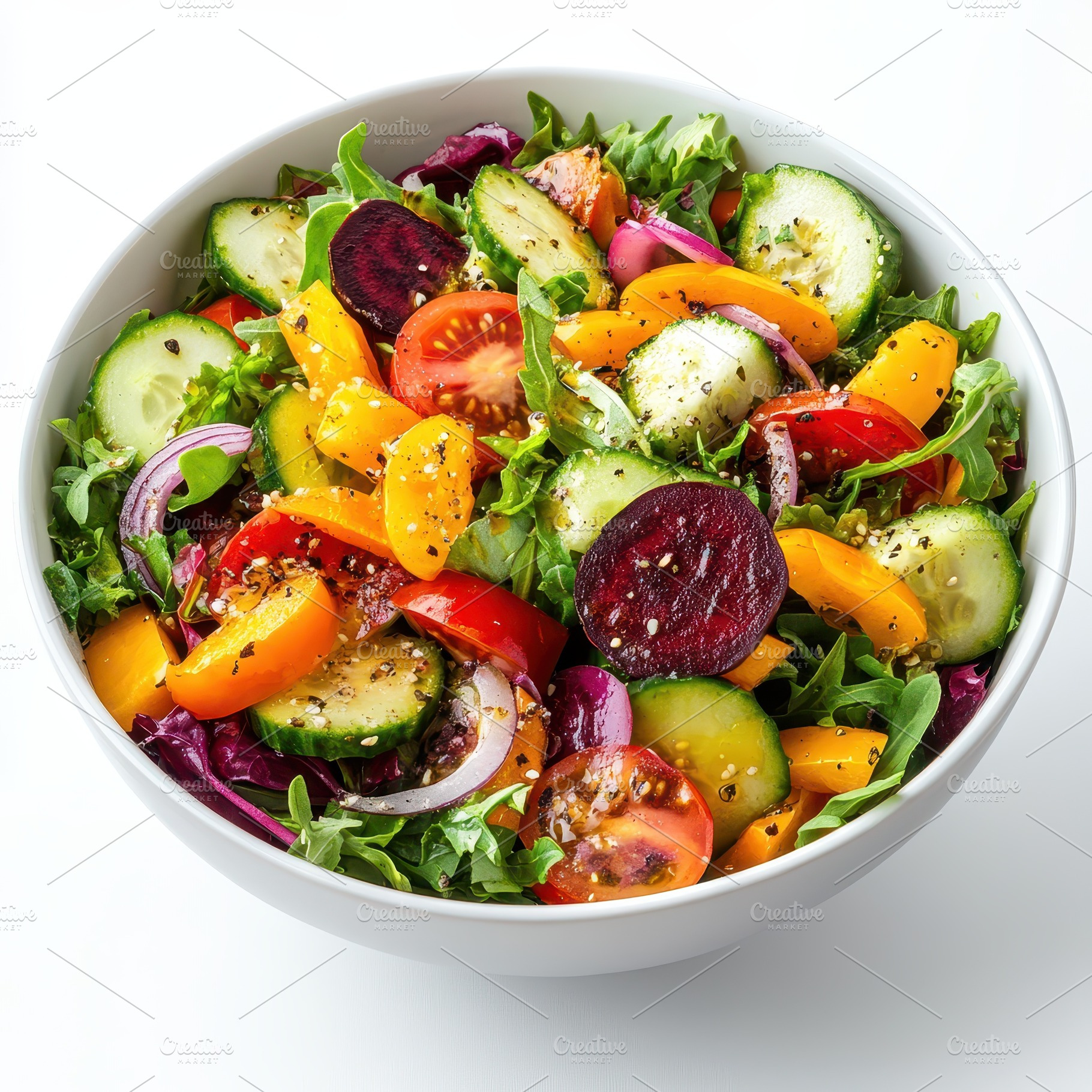 Colorful Vegetable Salad in White Bo, a Food & Drink Photo by Pixeness Studio