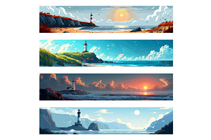 Lighthouse Coastline set vector, an Illustration by AlexArt