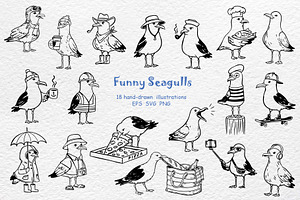 Funny Seagulls Hand-Drawn Beach