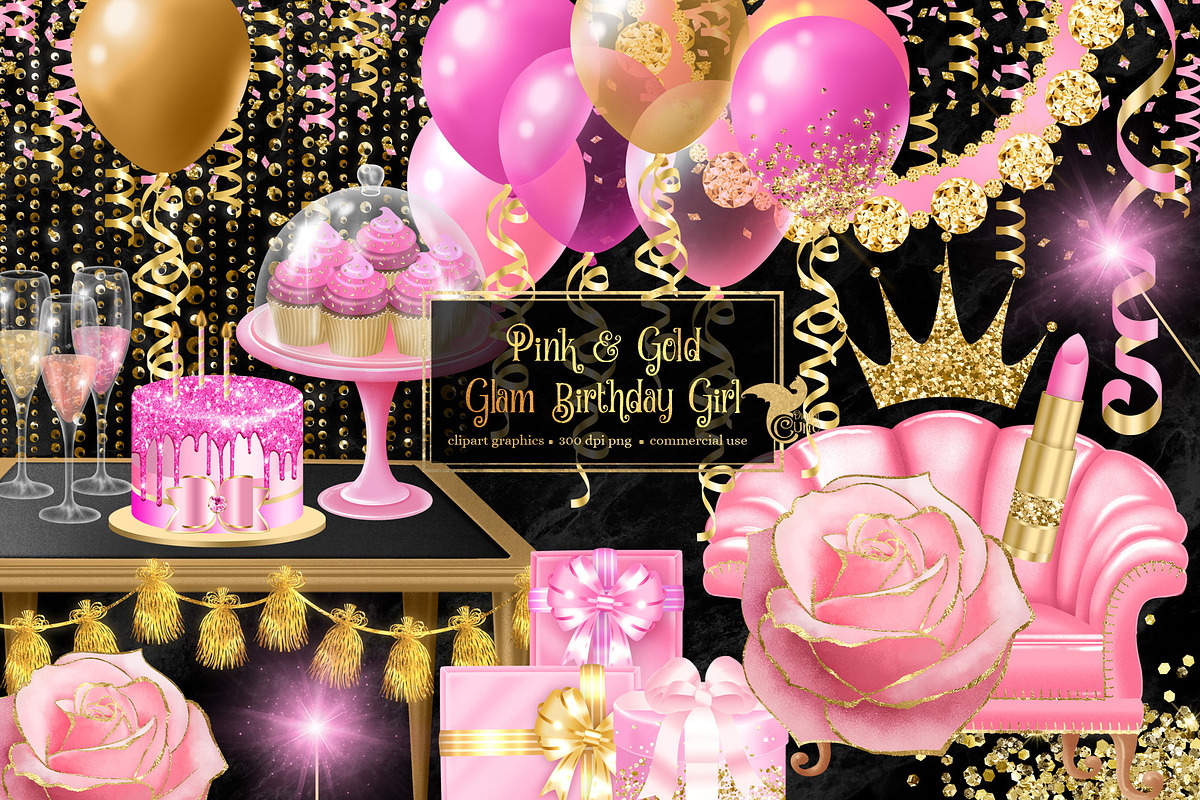 Pink and Gold Glam Birthday Graphics, an Illustration by Digital Curio