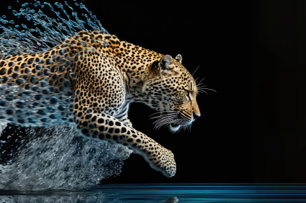 Stunning leopard in motion going through water on black backgrou, an Animal Photo by José Manuel Gelpi
