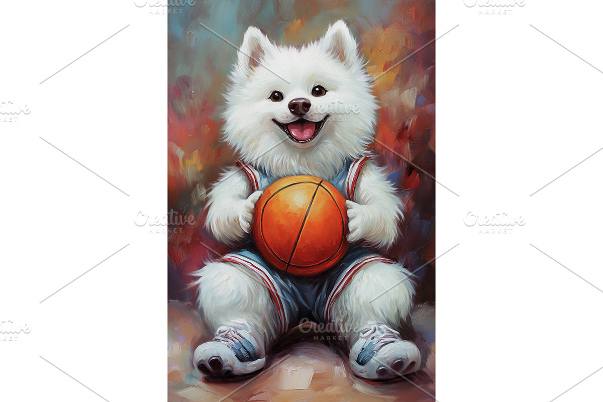 Basketball Samoyed Dog Wall Art, an Animal Illustration by Art Paradise Studios