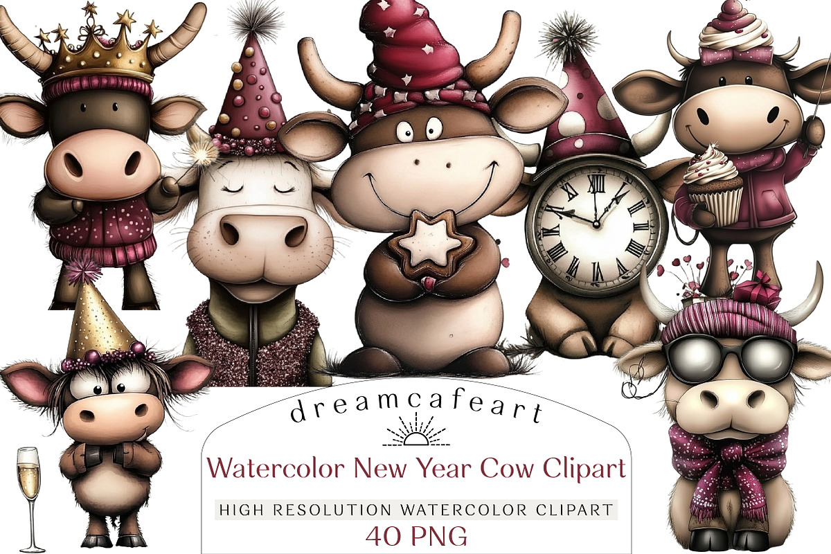 Watercolor New Year Cow Clipart, an Illustration by DreamCafeArt (Photo 1 of 6)