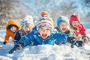 Excited children playing in snow, a Photo by Pavel_design