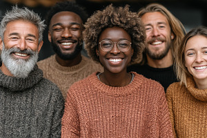Smiling group of diverse friends wearing cozy sweaters outdoors, a Person Photo by AS photostudio