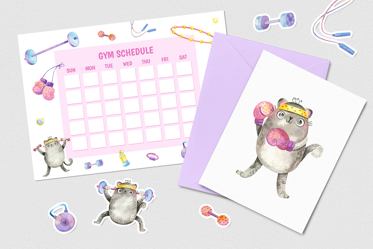 Fitness & Yoga Cats clipart set, an Animal Illustration by Valin Malin (Photo 3 of 14)