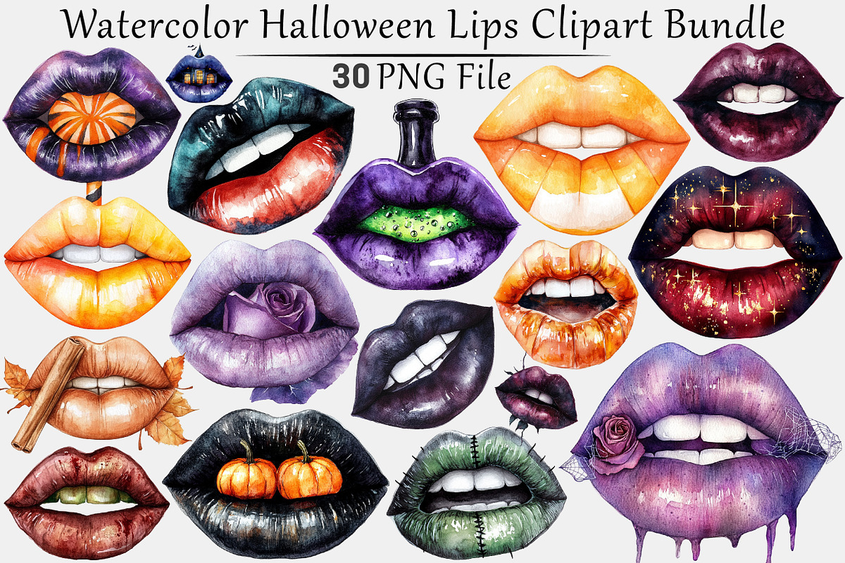 Watercolor Halloween Lips Clipart, a Seasonal Illustration by CitraGraphics (Photo 1 of 7)