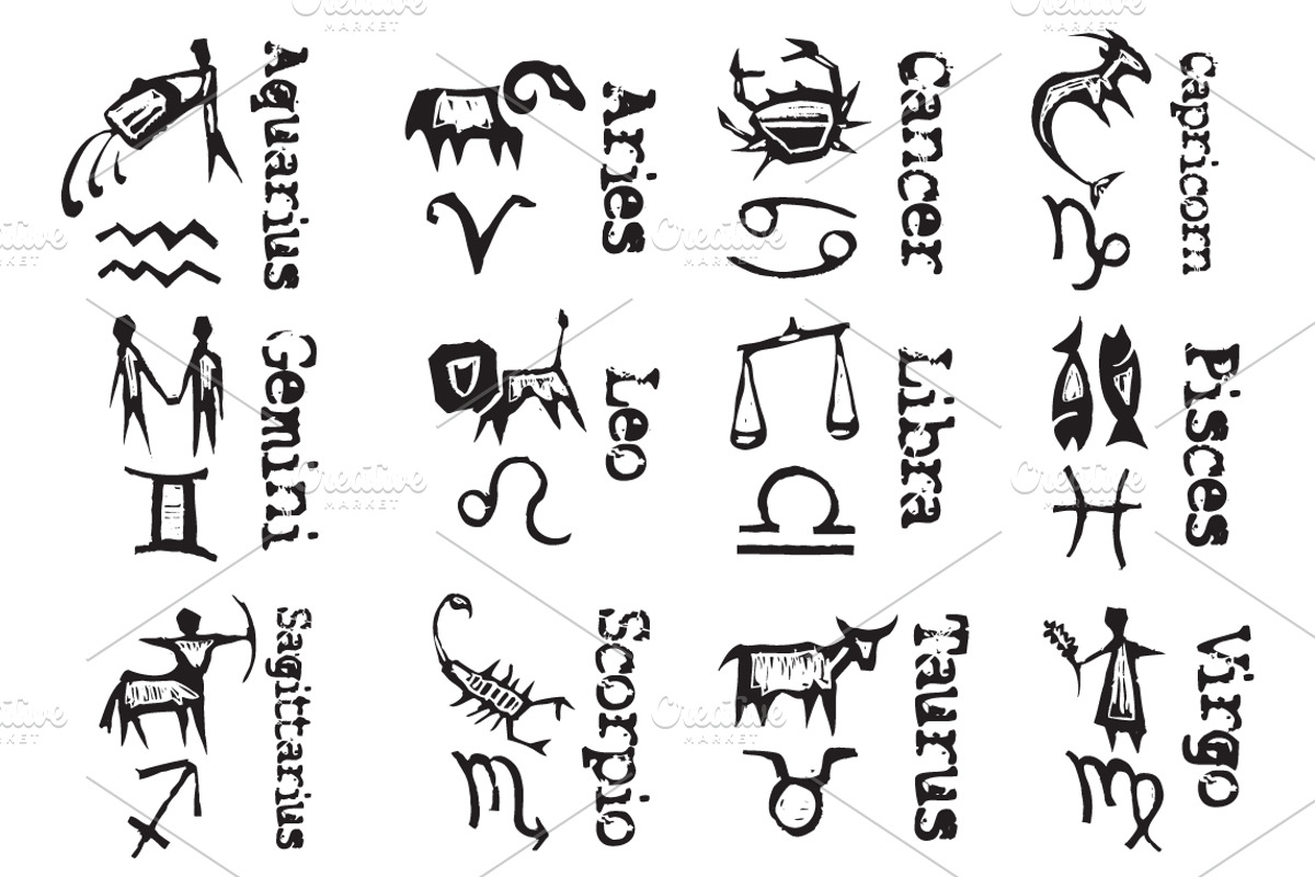 Woodcut Primitive Western Zodiac, an Illustration by Xochicalco's Ruin