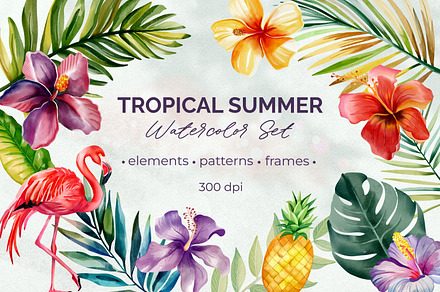 Watercolor tropical Leaves & Flowers
