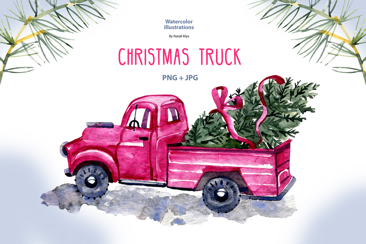 Watercolor christmas truck, a Decorative Illustration by NataliMiasStore (Photo 1 of 3)