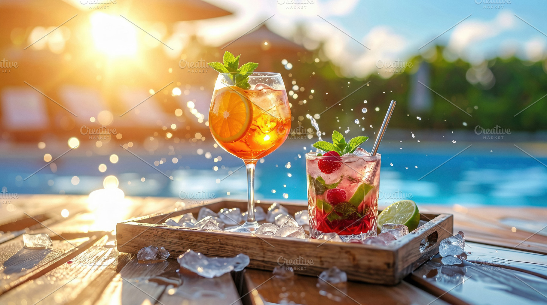 Refreshing Cocktails by Pool at Sunset Light, a Sports & Recreation Photo by Davizro's Market