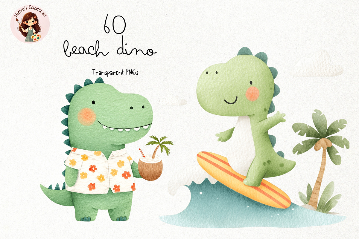 Beach Dino Watercolor Clipart PNG, a Seasonal Illustration by Nicolle's Colorful Art (Photo 1 of 4)
