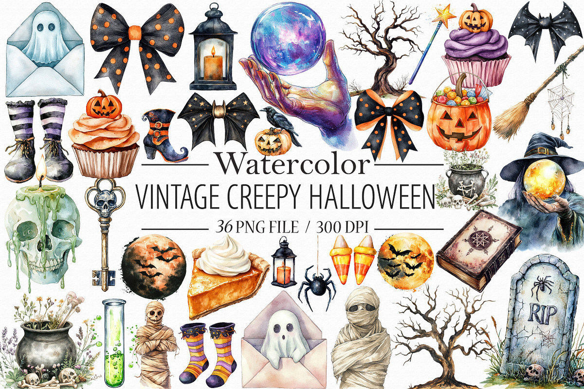 Vintage Creepy Halloween Clipart, an Illustration by Libby Wishes (Photo 1 of 7)