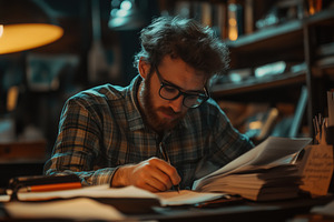 A young accountant man with glasses and a beard is focused on writing notes at, a Person Photo by Textures & Backgrounds