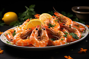 Fresh shrimps in plate on black wooden table, a Food & Drink Photo by AlyaAnd