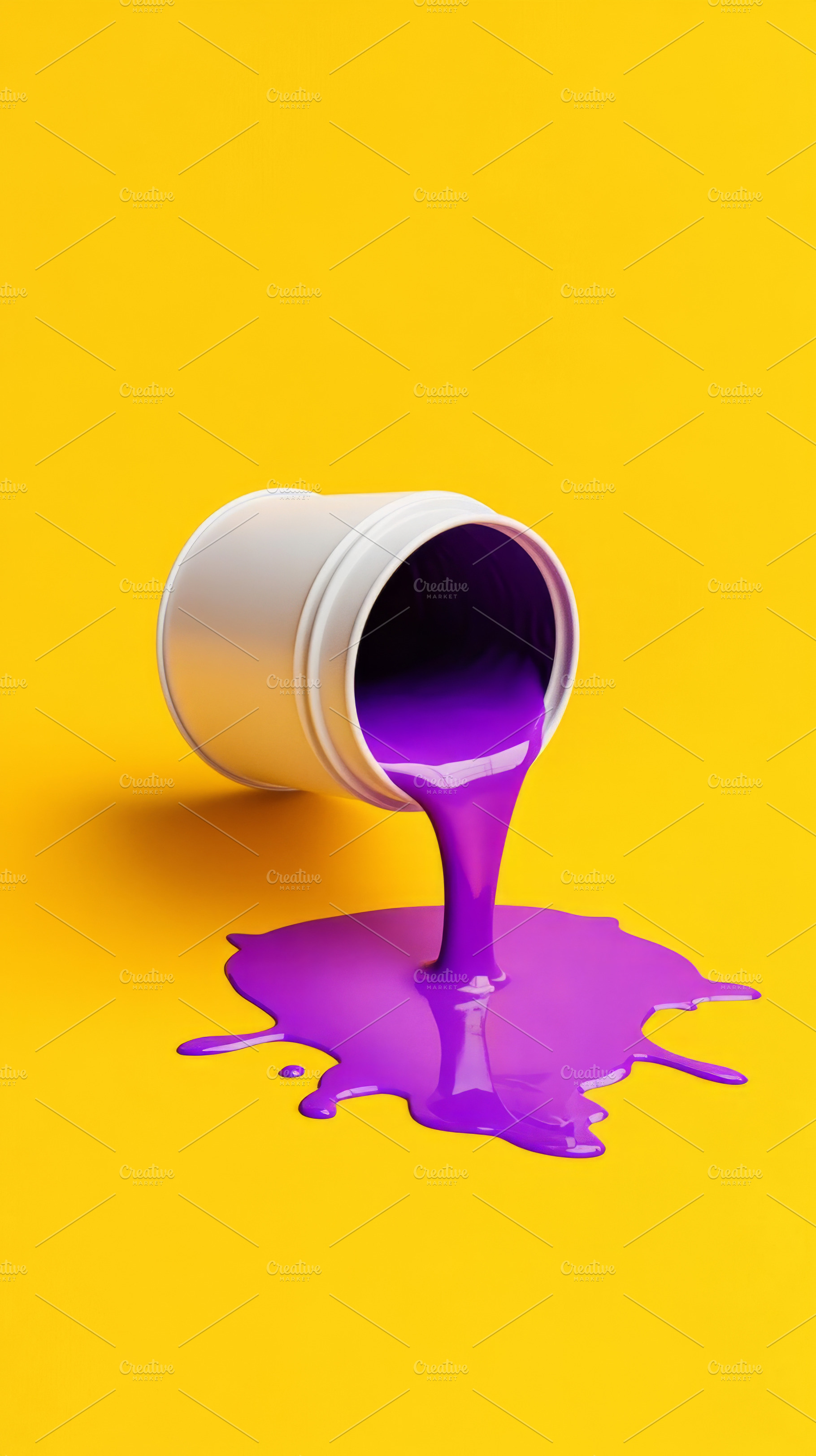 Purple Paint Pouring from a White Can on Yellow Background, an Abstract Photo by Natalia Klenova's Shop