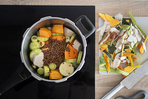 Healthy homemade vegetable soup preparation with lentils and fresh ingredients, a Food & Drink Photo by etorres69