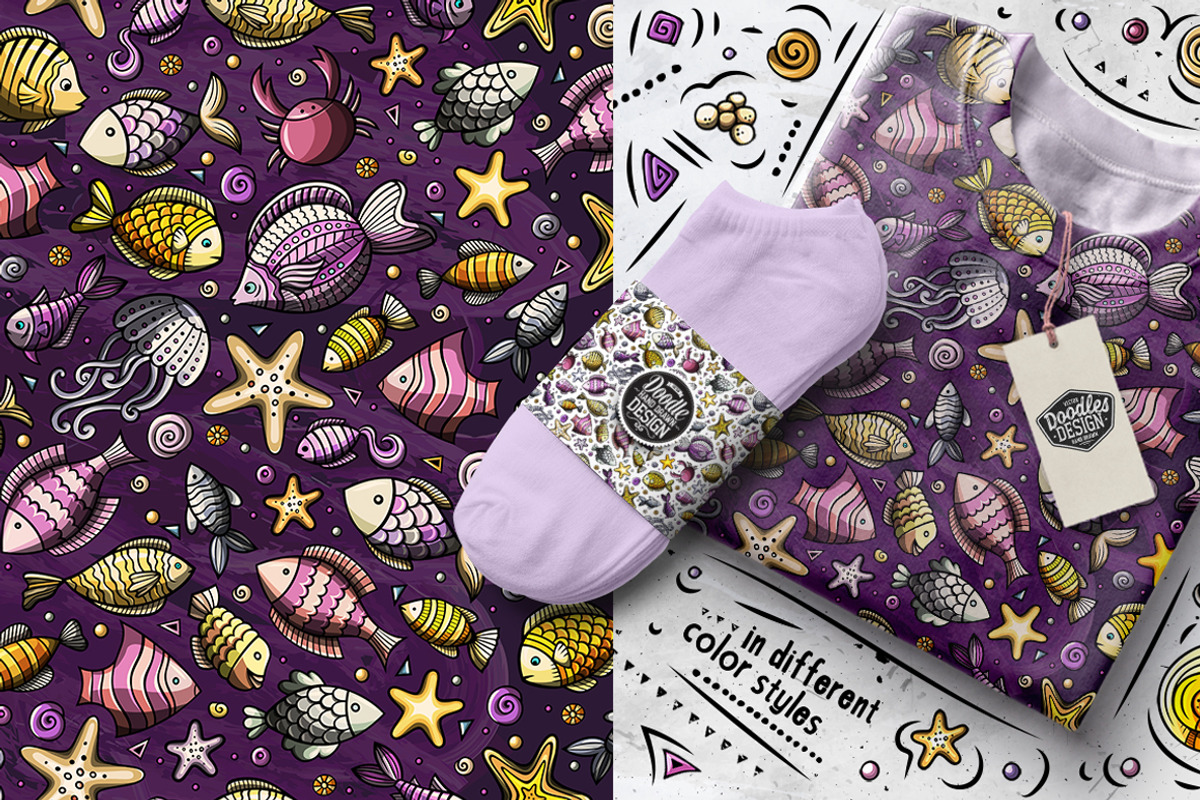 Sea Life Doodle Seamless Patterns, a Pattern Graphic by BALABOLKA (Photo 7 of 8)