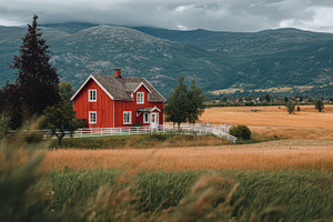 Red house in a field, mountains, a Photo by Beautiful things