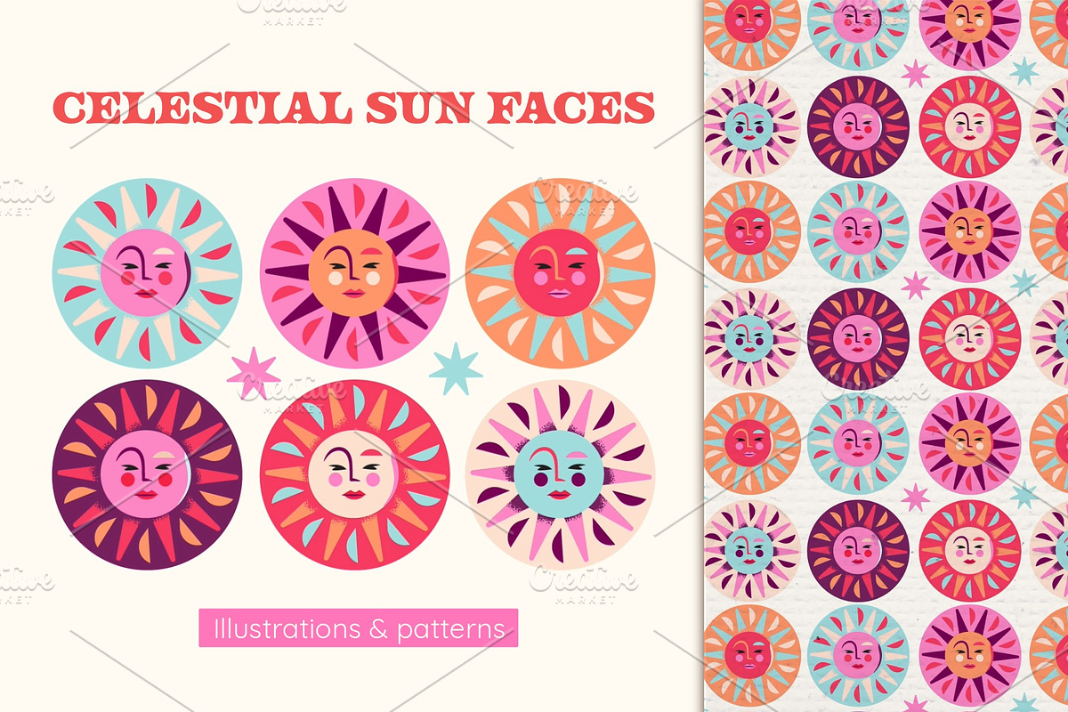Celestial Sun Faces, a Pattern Graphic by The Inking Rose (Photo 1 of 5)