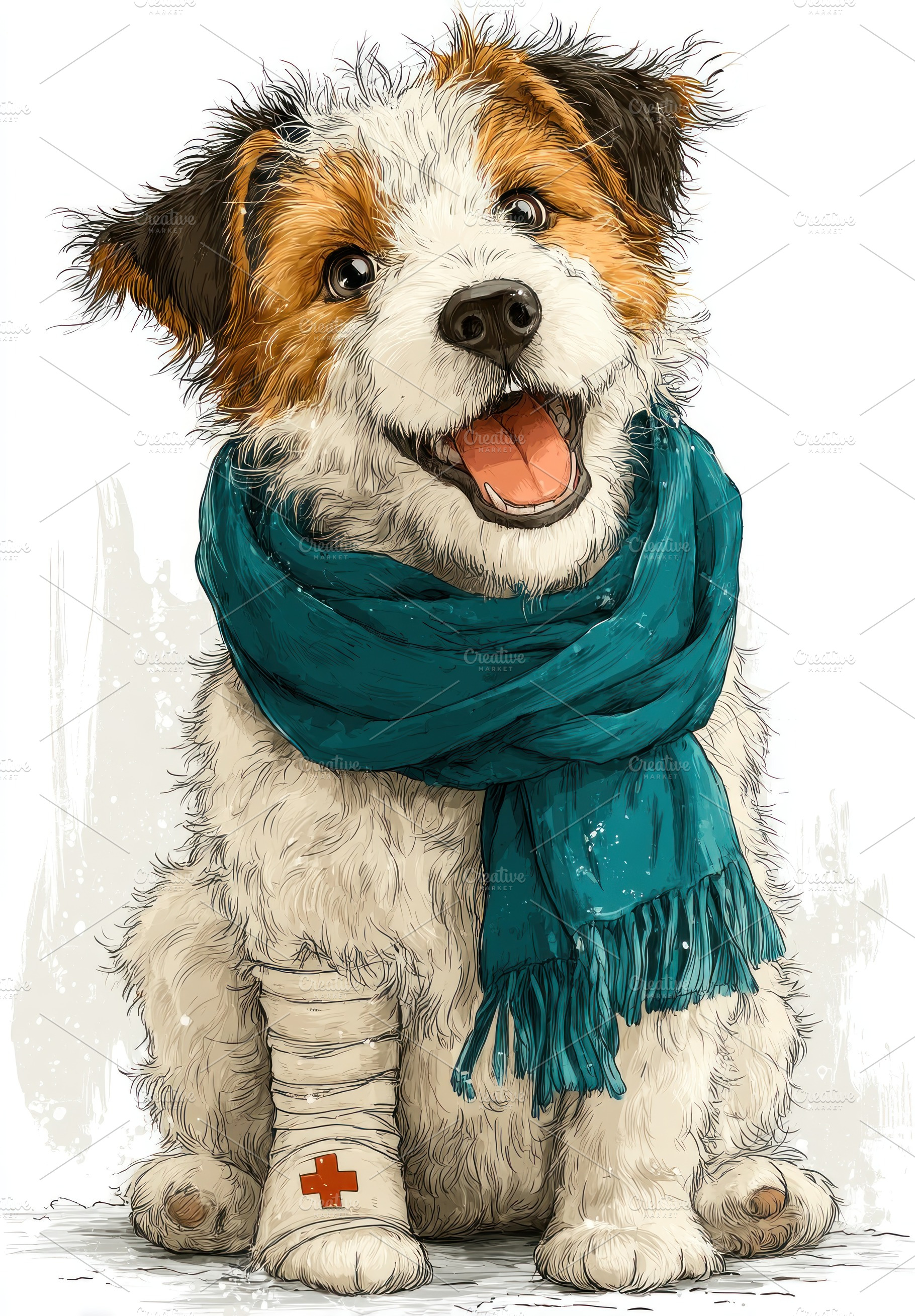 Happy injured puppy with bandaged paw and teal scarf cute rescue, an Animal Photo by José Manuel Gelpi