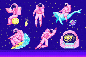 Pixel Art 8 Bit Space Objects.