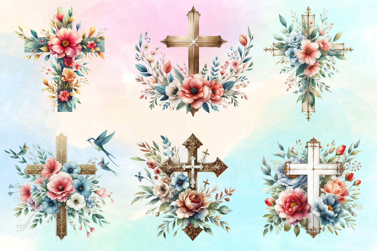 Watercolor Floral Faith Cross Clipar, an Illustration by CraftArtStudio (Photo 2 of 3)