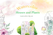 Watercolor Houses and Plants, an Illustration by ViсkyArtDesign (Thumbnail 1 of 14)