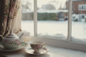 Cozy winter scene with antique tea set on windowsill, enjoying w, a Photo by Studio ANNA