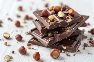 Sweet chocolate pieces with hazelnuts on wooden background, a Food & Drink Photo by AlyaAnd