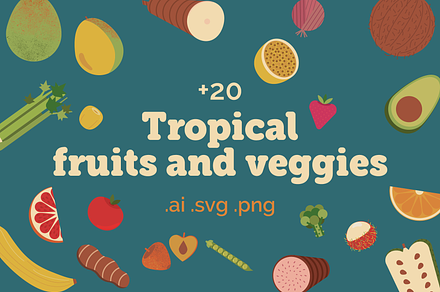 Tropical fruits and veggies set