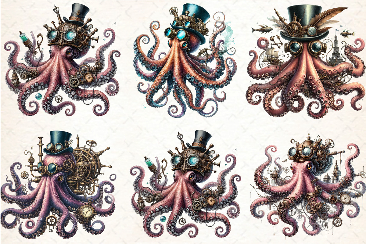 Watercolor Steampunk  Octopas, an Illustration by DreamCafeArt (Photo 3 of 7)