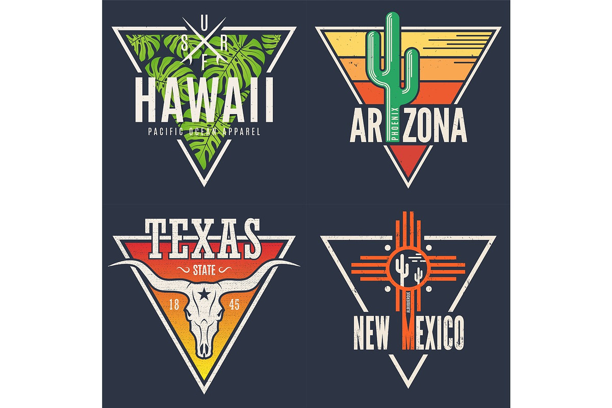 Set of Hawaii Arizona Texas New Mexico tee prints., an Illustration by rikkyal