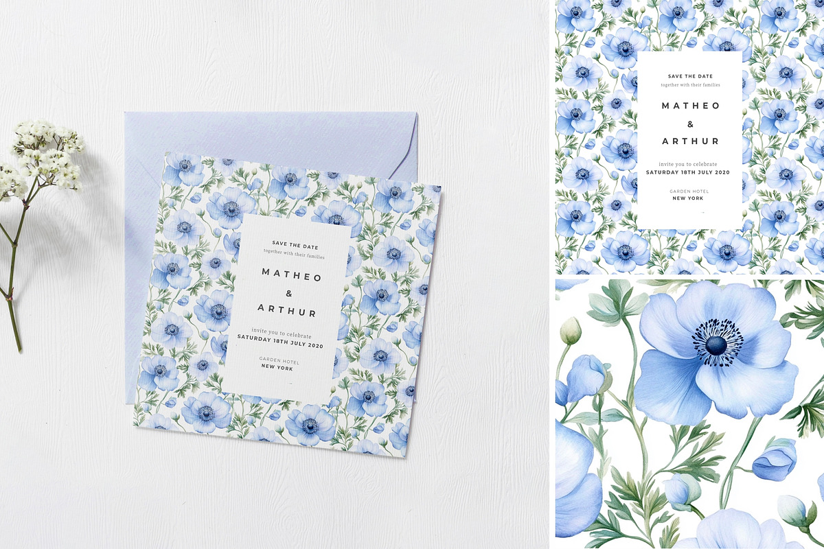 Watercolor blue flowers pattern set, a Pattern Graphic by Art and Funny (Photo 2 of 11)