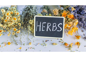 Dried medicinal herbs and flowers, a Food & Drink Photo by yanadjana