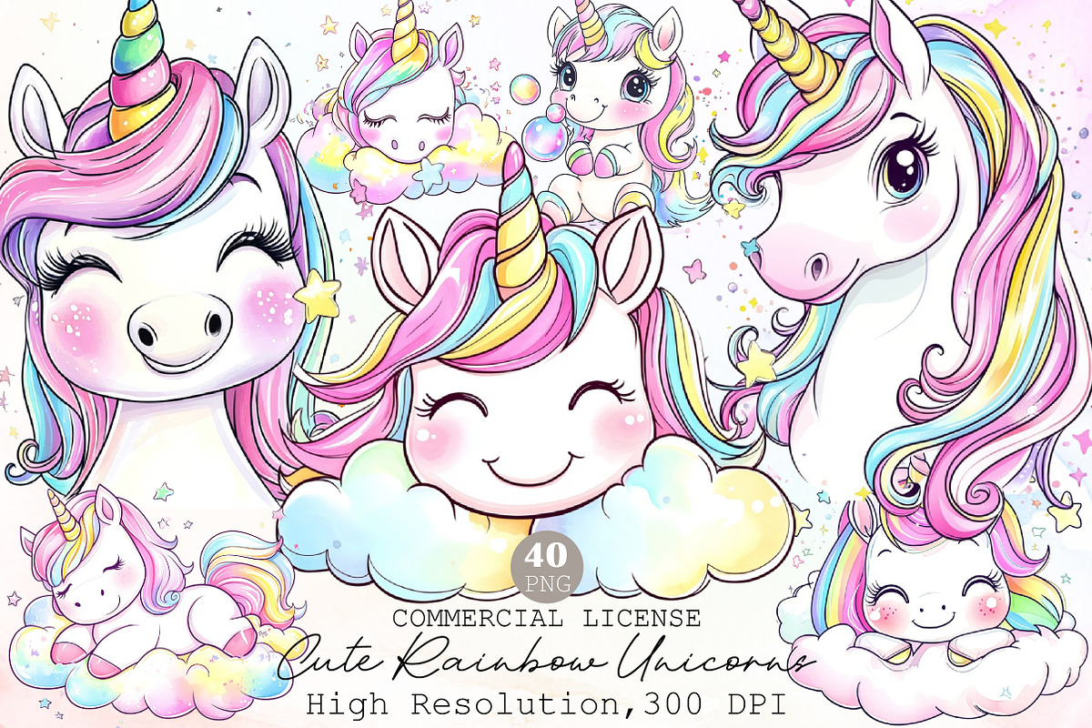 Cute Rainbow Unicorns Clipart, an Illustration by Sublimation Artist (Photo 1 of 6)