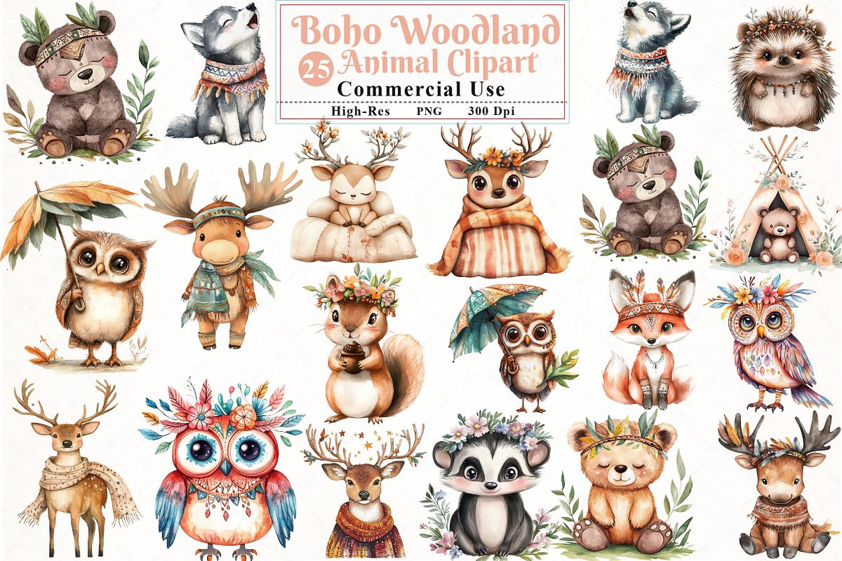 Watercolor Boho Woodland Animal Clip, an Illustration by Watercolor design (Photo 1 of 12)