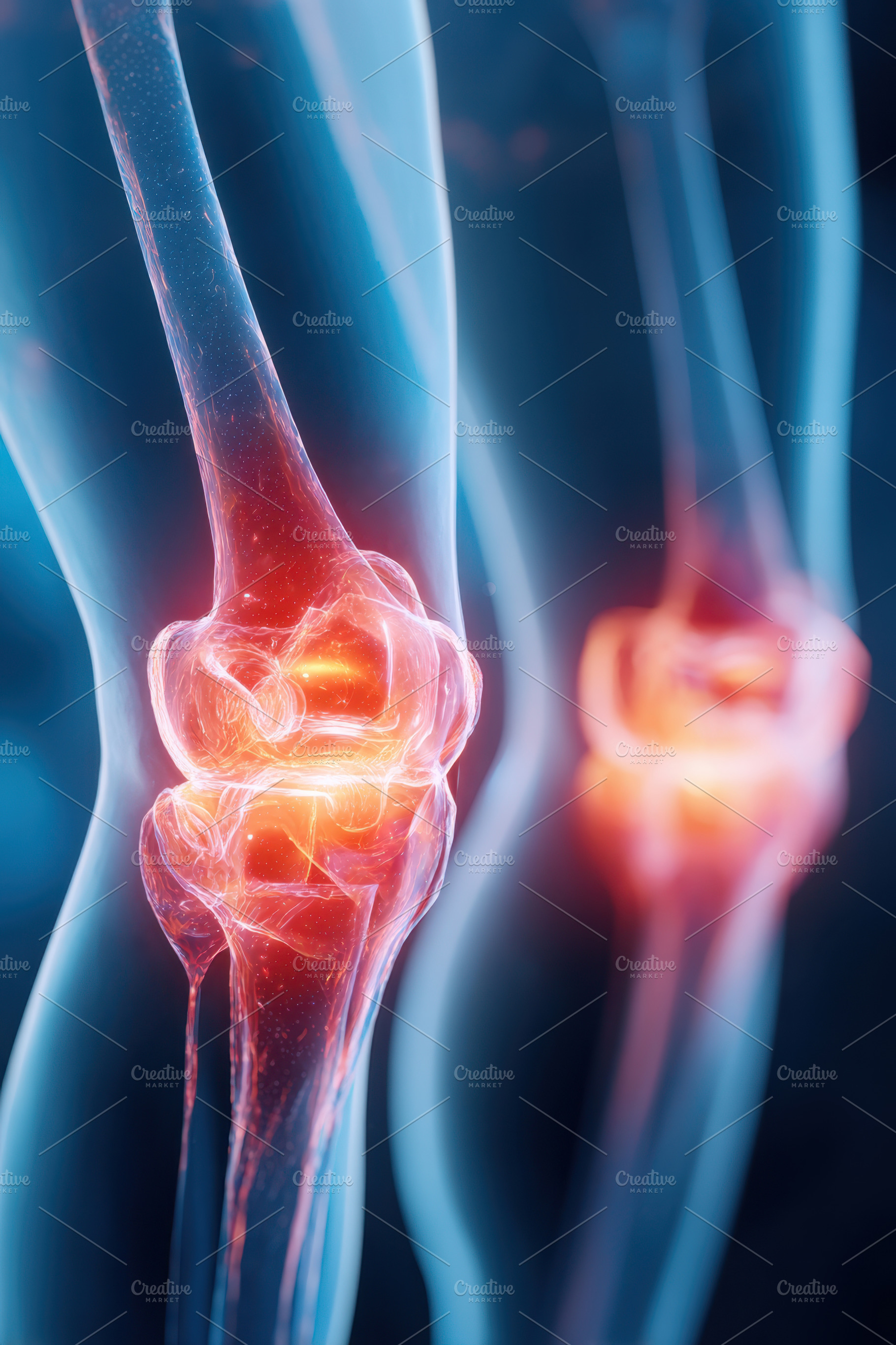 Glowing knee joint illustration depicting pain, a Health & Medical Photo by AlyaAnd