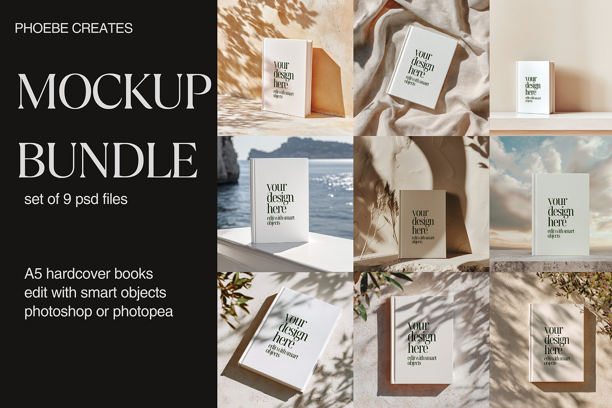 A5 Hardcover Book Mockup Bundle – 9, a Mockup by PhoebeCreates (Photo 1 of 5)