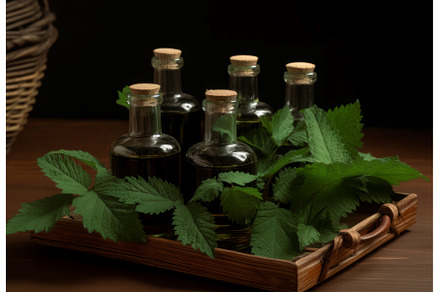 Nettle oil glass bottles with plant, a Nature Photo by Ylivdesign