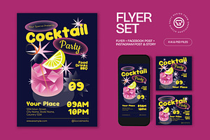 Blue Yellow Cocktail Party Flyer Set, a Flyer Template by graphicook