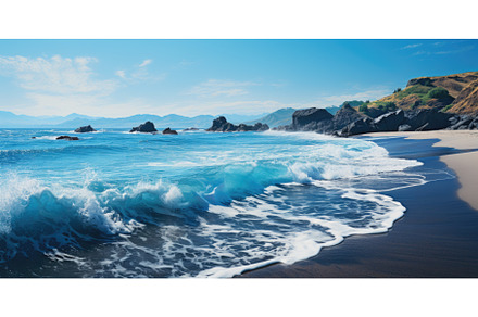 A beach with waves crashing on the, an Illustration by tilialucida