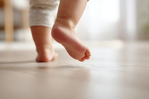 Baby walks on wood floor, a Photo by Beautiful things